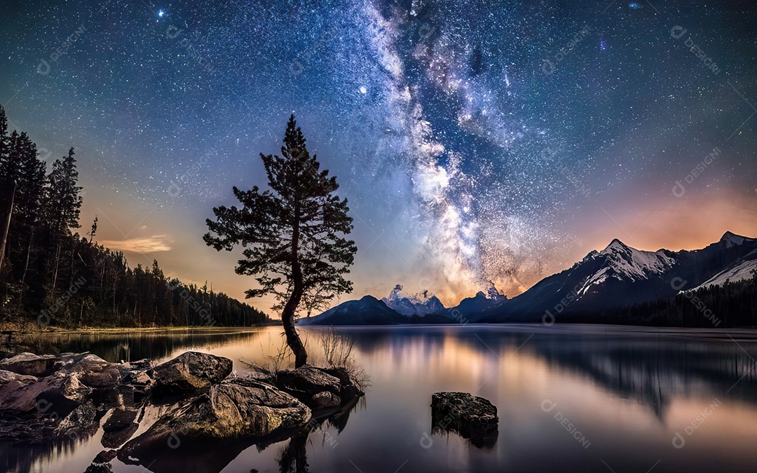 Lago à noite com céu estrelado