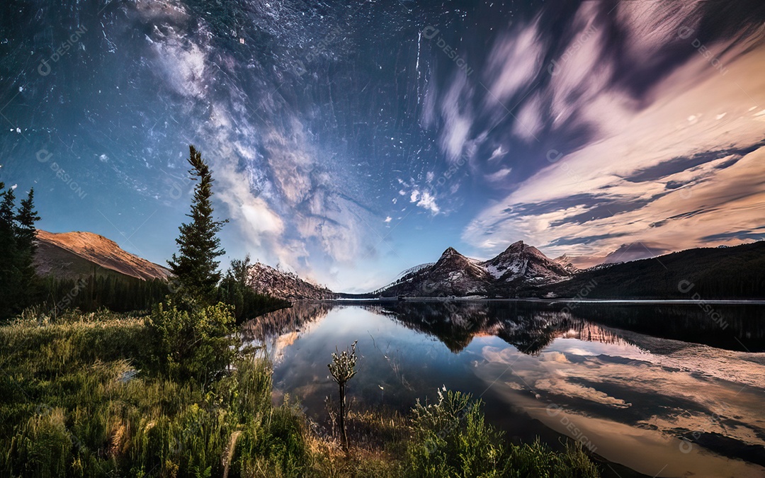 Lago à noite com céu estrelado