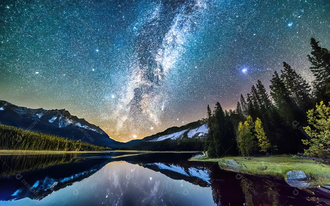 Lago à noite com céu estrelado