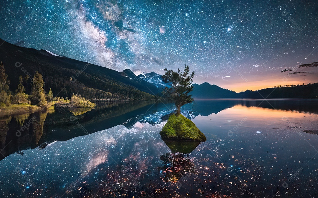 Lago à noite com céu estrelado