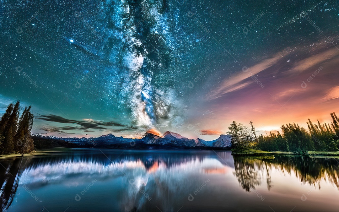 Lago à noite com céu estrelado