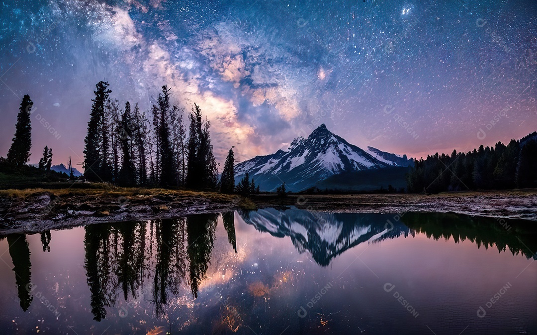 Lago à noite com céu estrelado