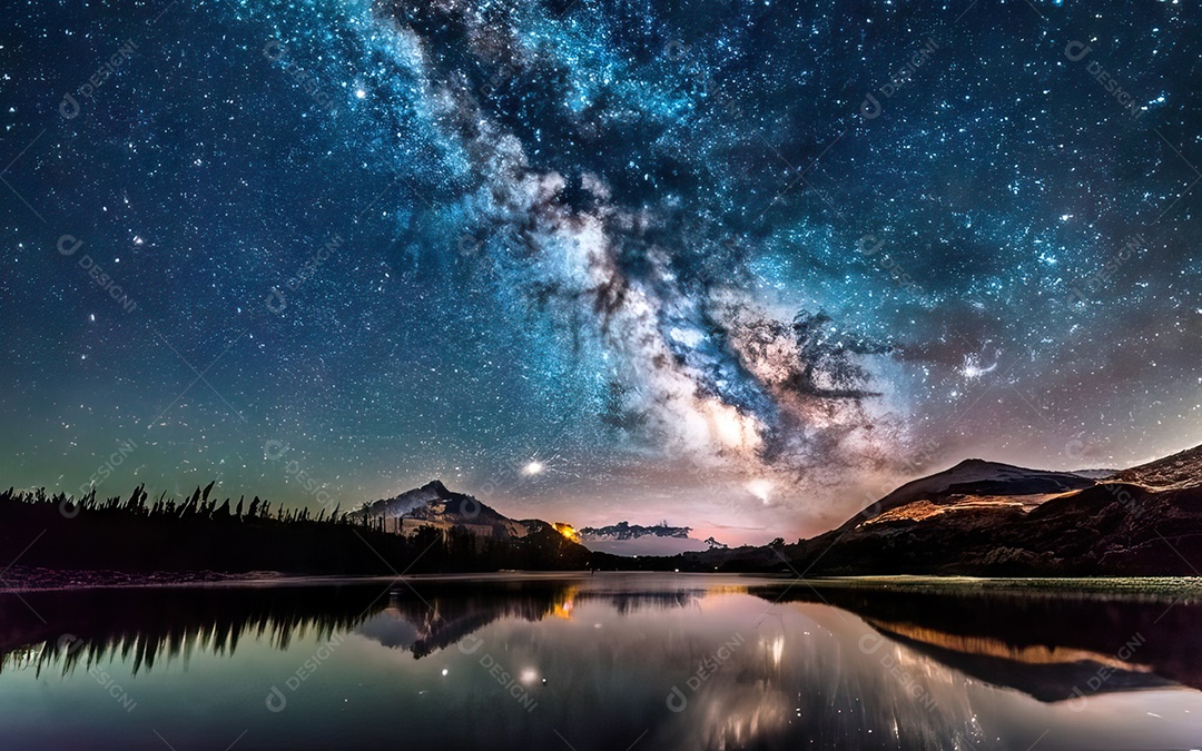 Lago à noite com céu estrelado