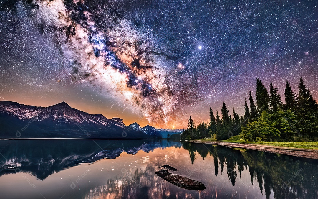 Lago à noite com céu estrelado