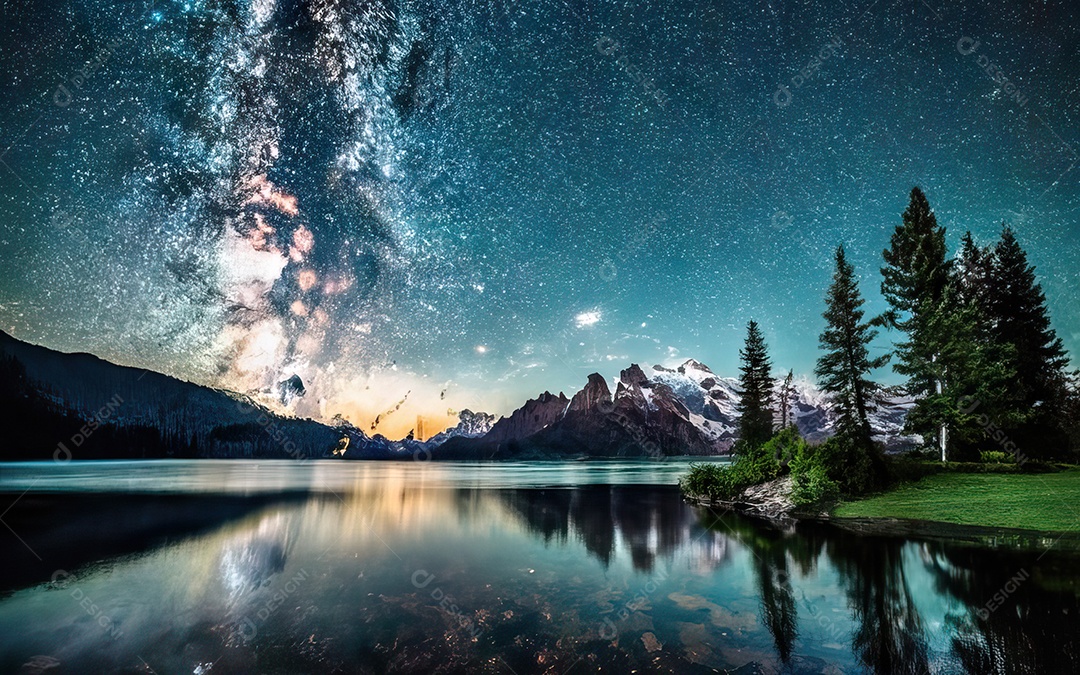 Lago à noite com céu estrelado