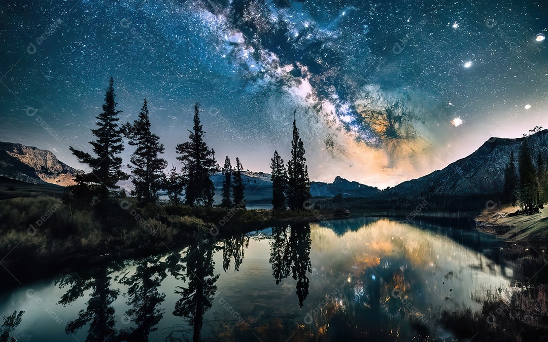 Lago à noite com céu estrelado