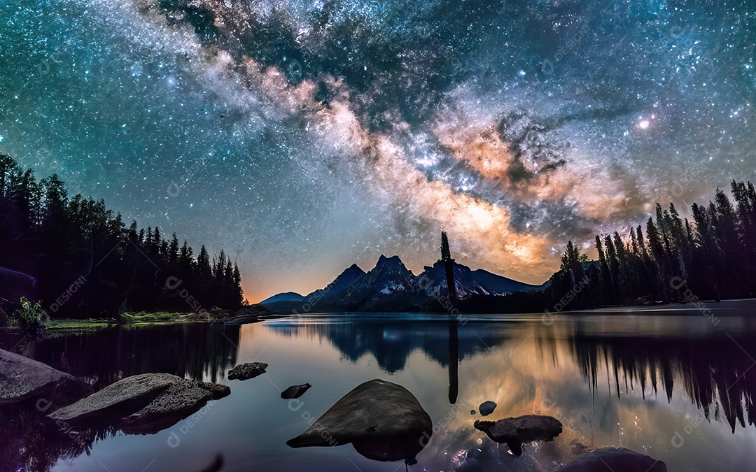 Lago à noite com céu estrelado