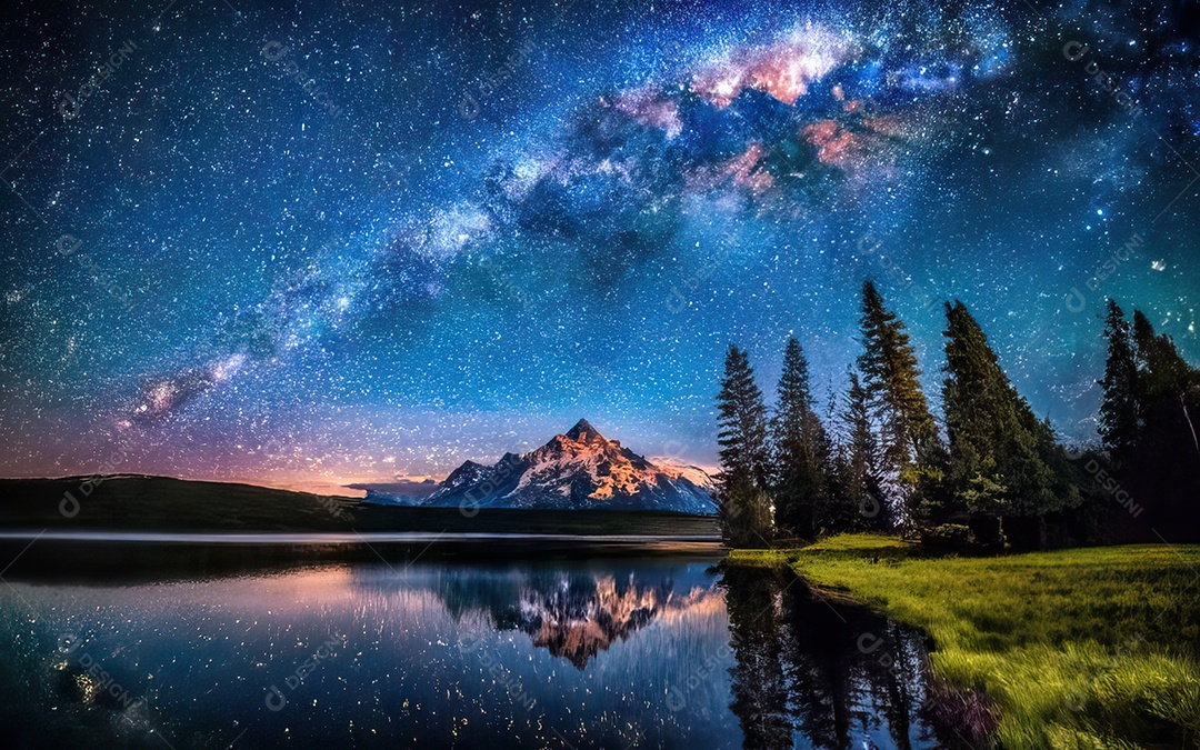 Lago à noite com céu estrelado