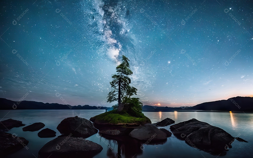Lago à noite com céu estrelado