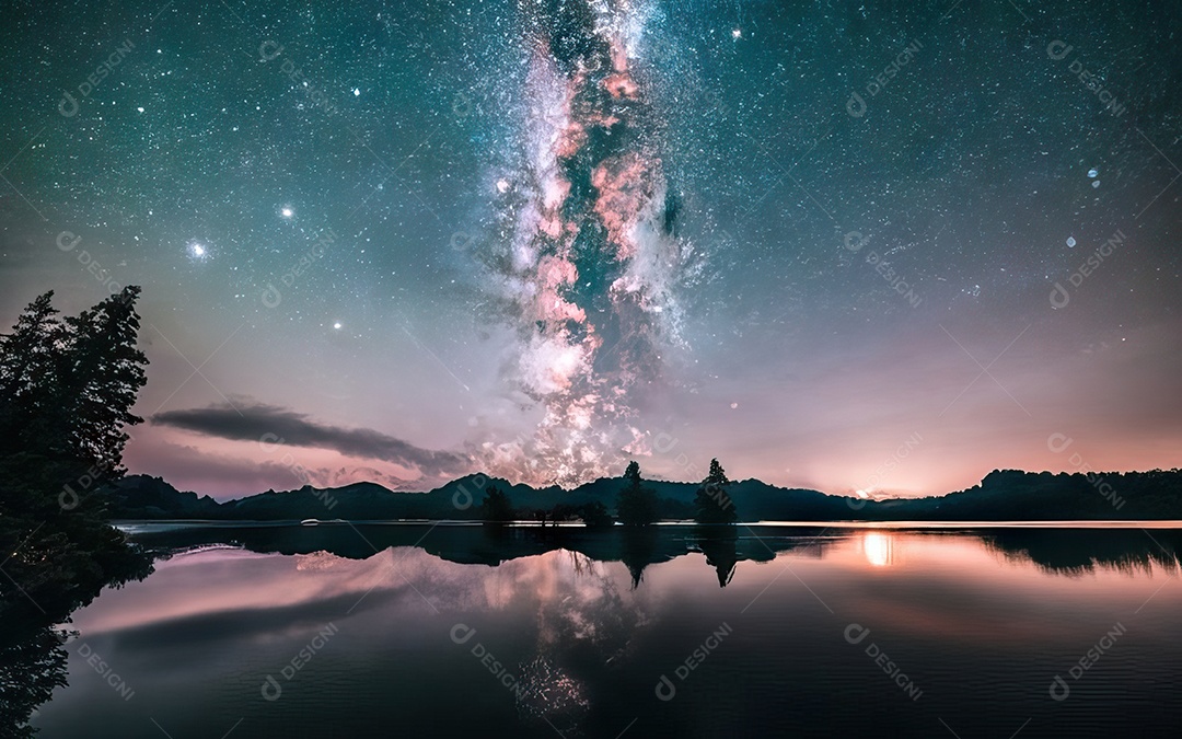 Lago à noite com céu estrelado
