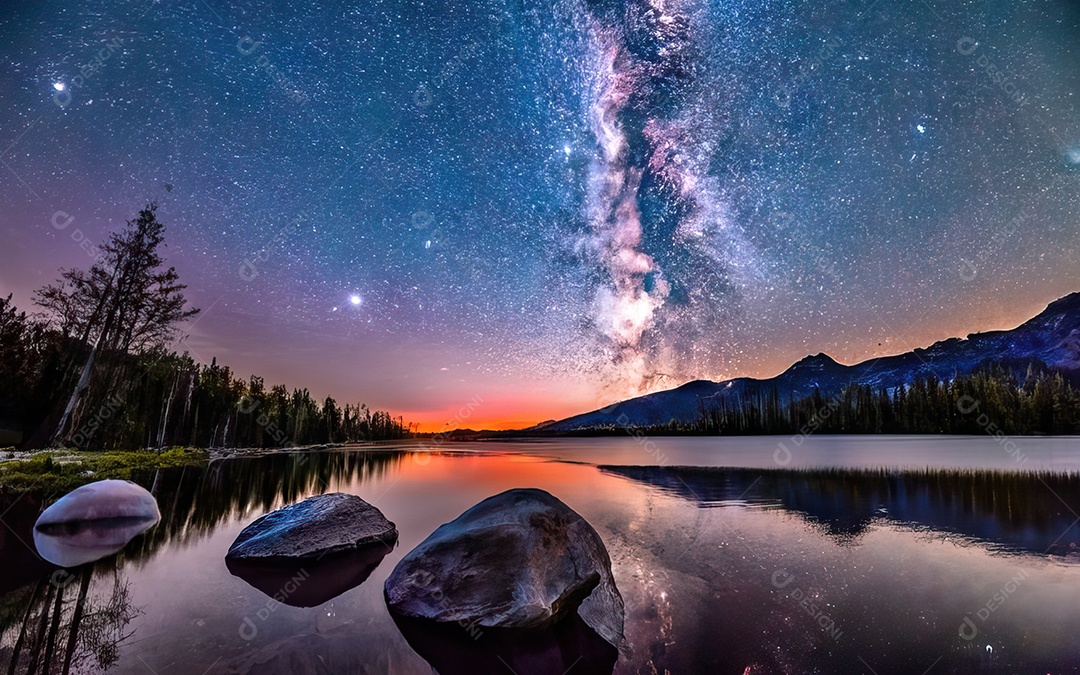 Lago à noite com céu estrelado
