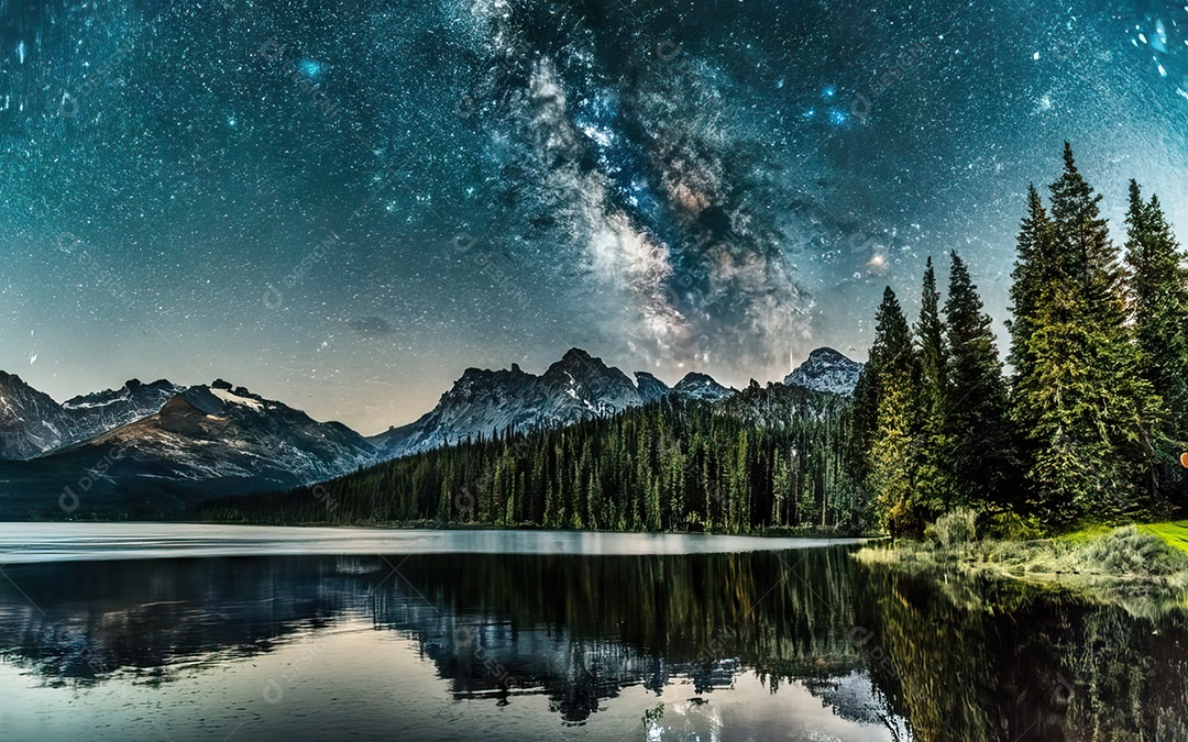 Lago à noite com céu estrelado