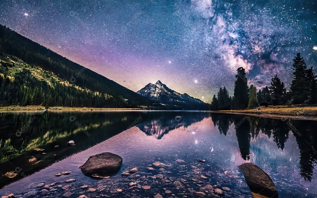 Lago à noite com céu estrelado
