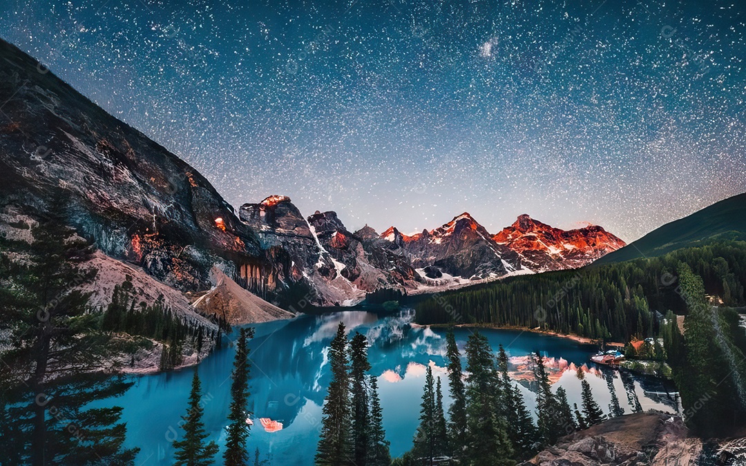 Lago à noite com céu estrelado