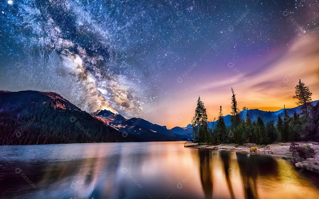Lago à noite com céu estrelado
