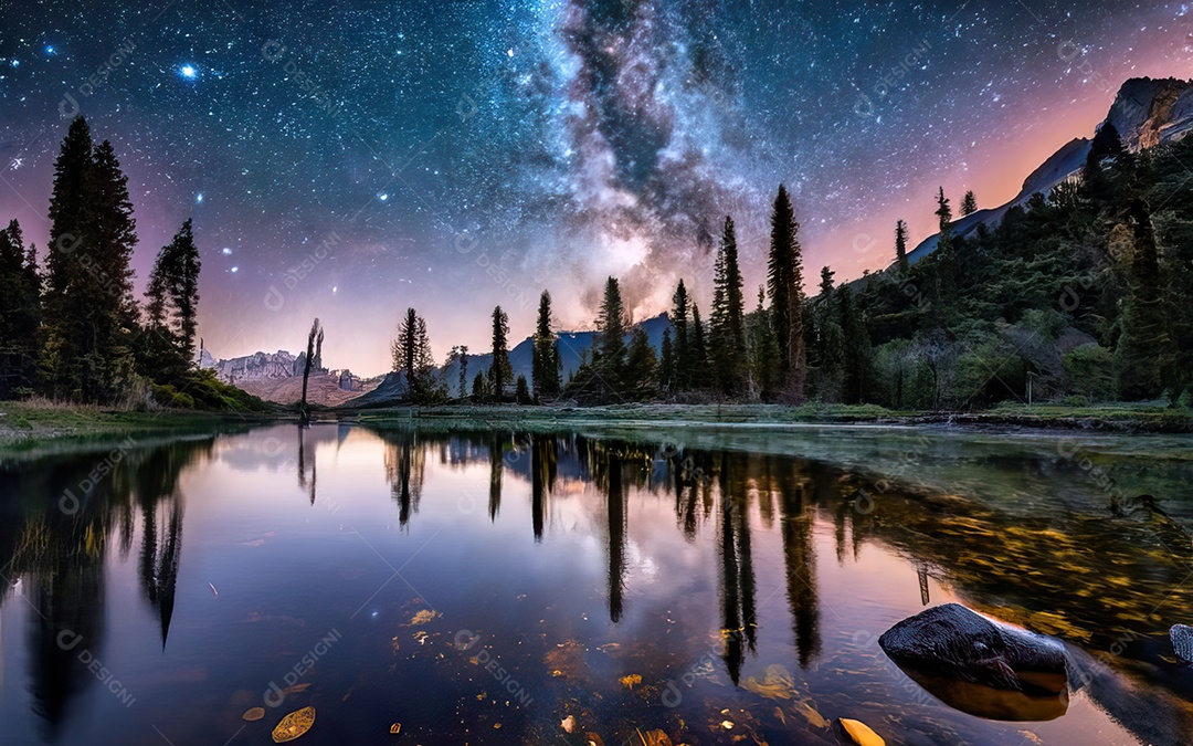 Lago à noite com céu estrelado
