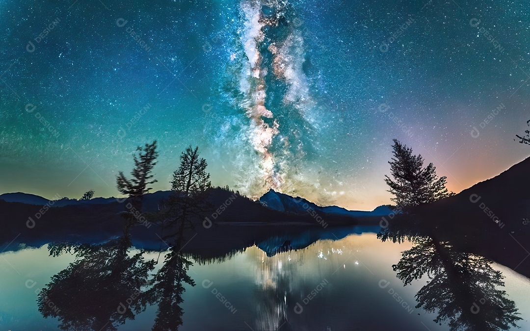 Lago à noite com céu estrelado