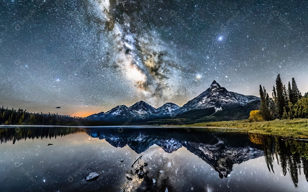 Lago à noite com céu estrelado