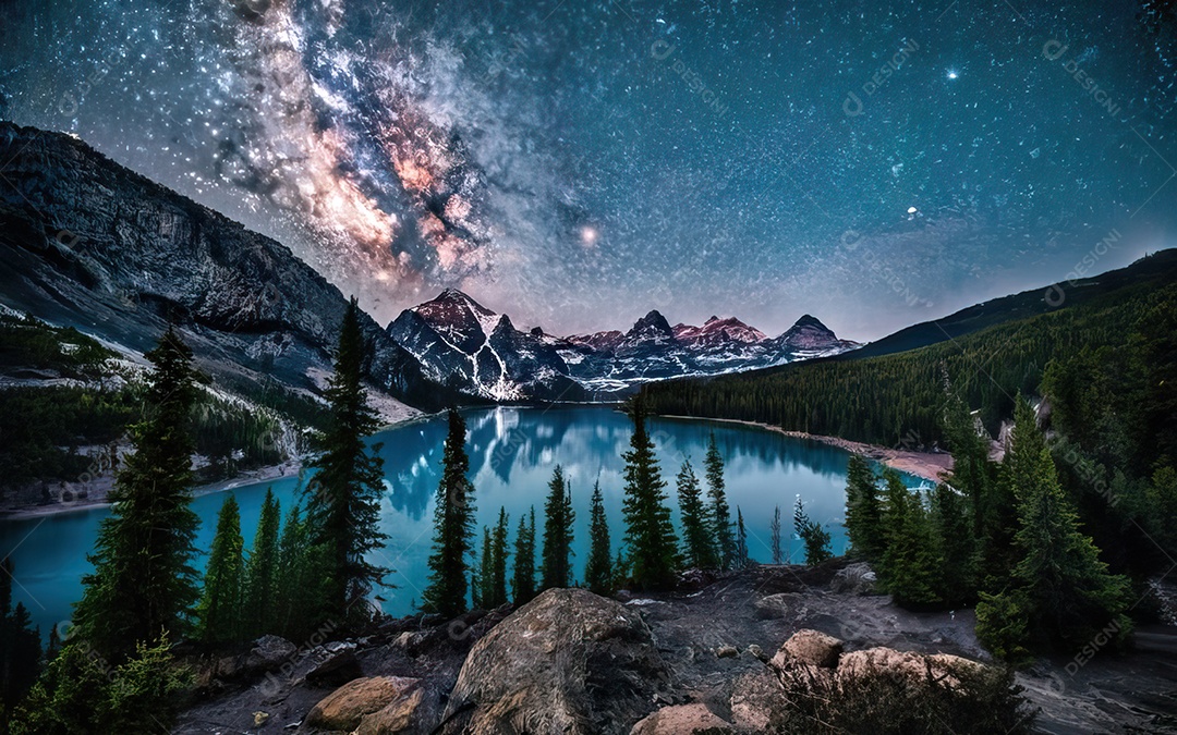 Lago à noite com céu estrelado