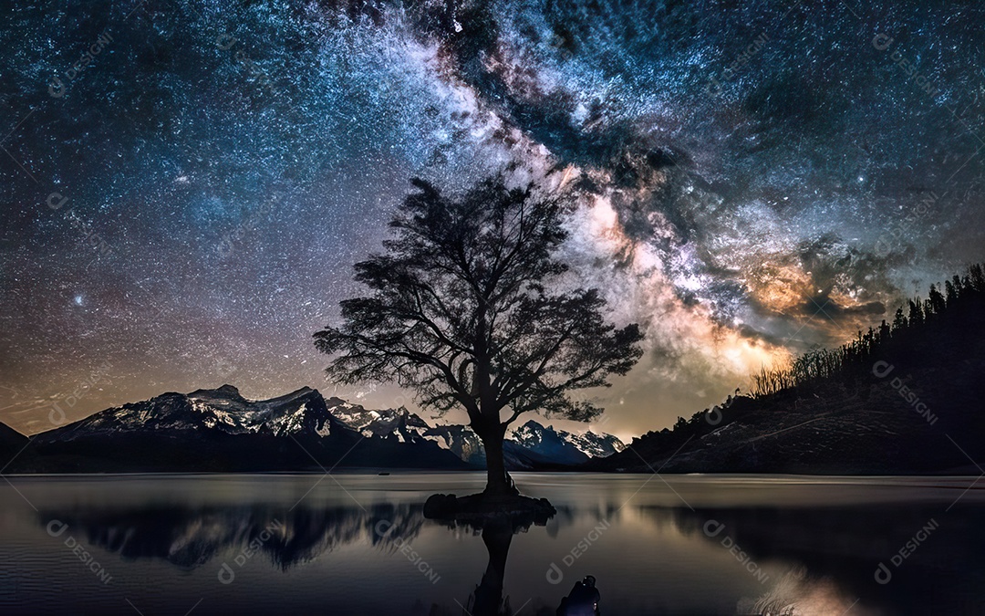 Lago à noite com céu estrelado