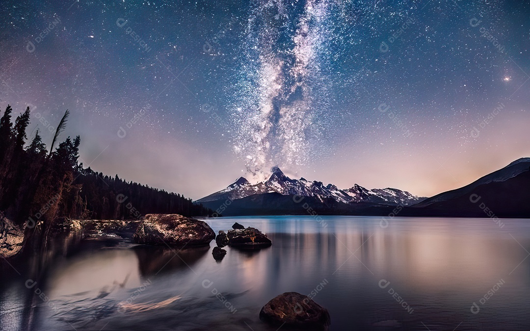 Lago à noite com céu estrelado