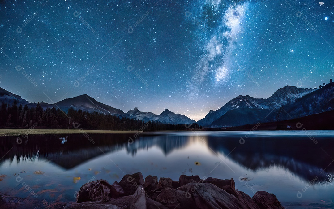 Lago à noite com céu estrelado