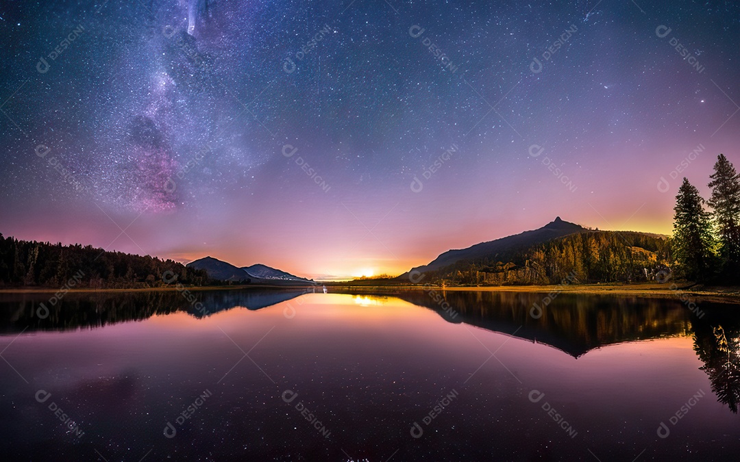 Lago à noite com céu estrelado