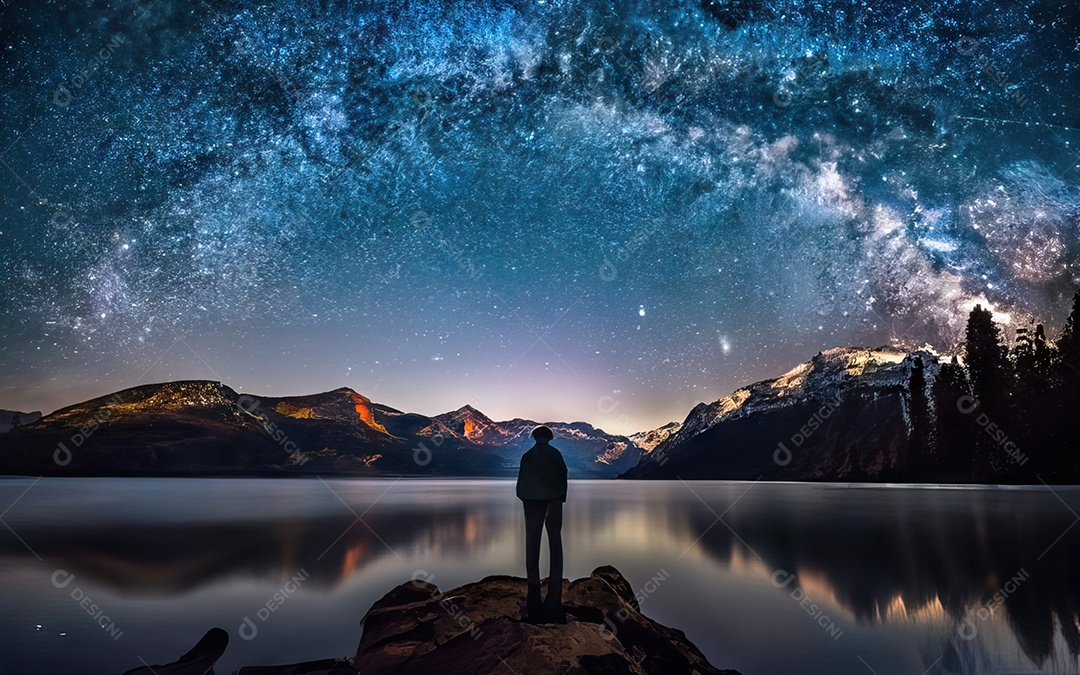 Lago à noite com céu estrelado