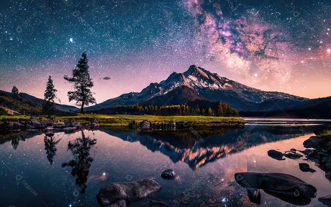 Lago à noite com céu estrelado