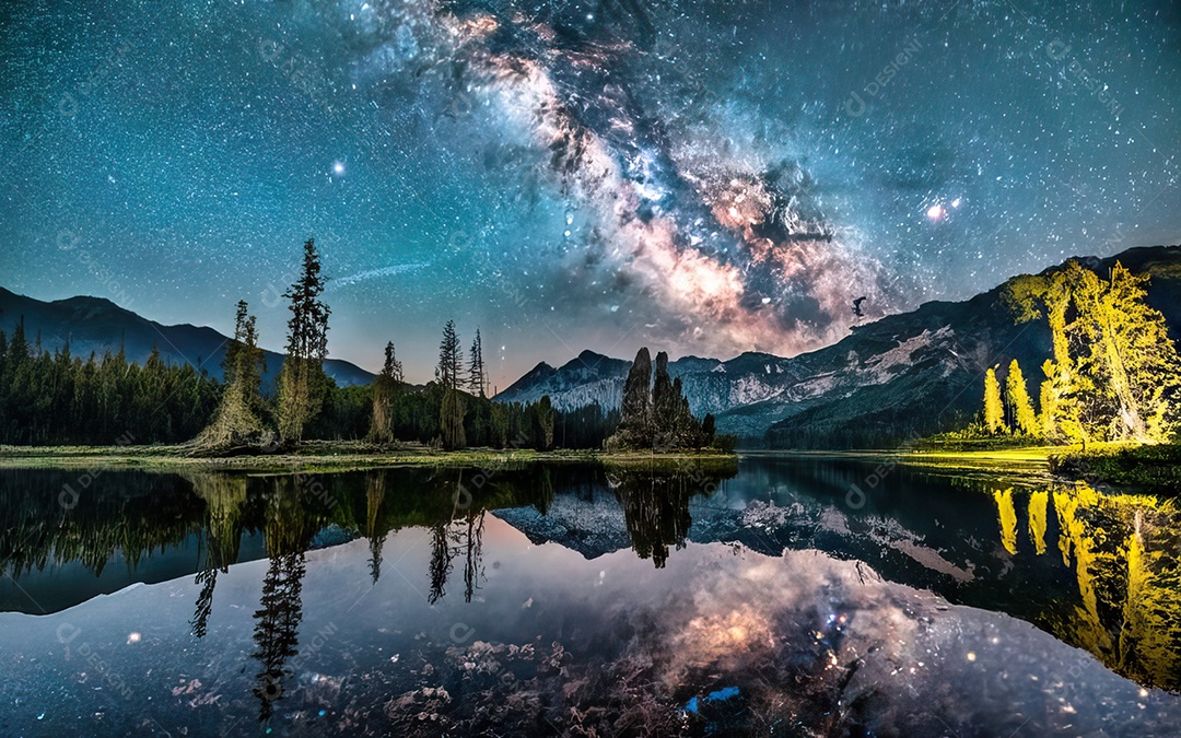 Lago à noite com céu estrelado