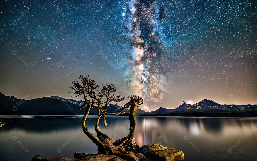 Lago à noite com céu estrelado