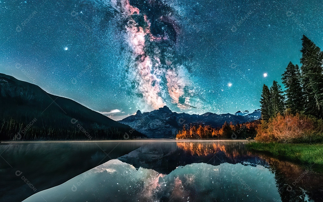 Lago à noite com céu estrelado