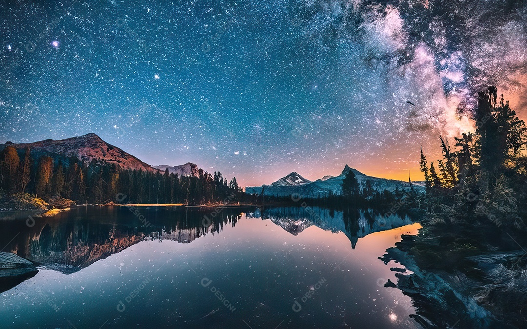 Lago à noite com céu estrelado