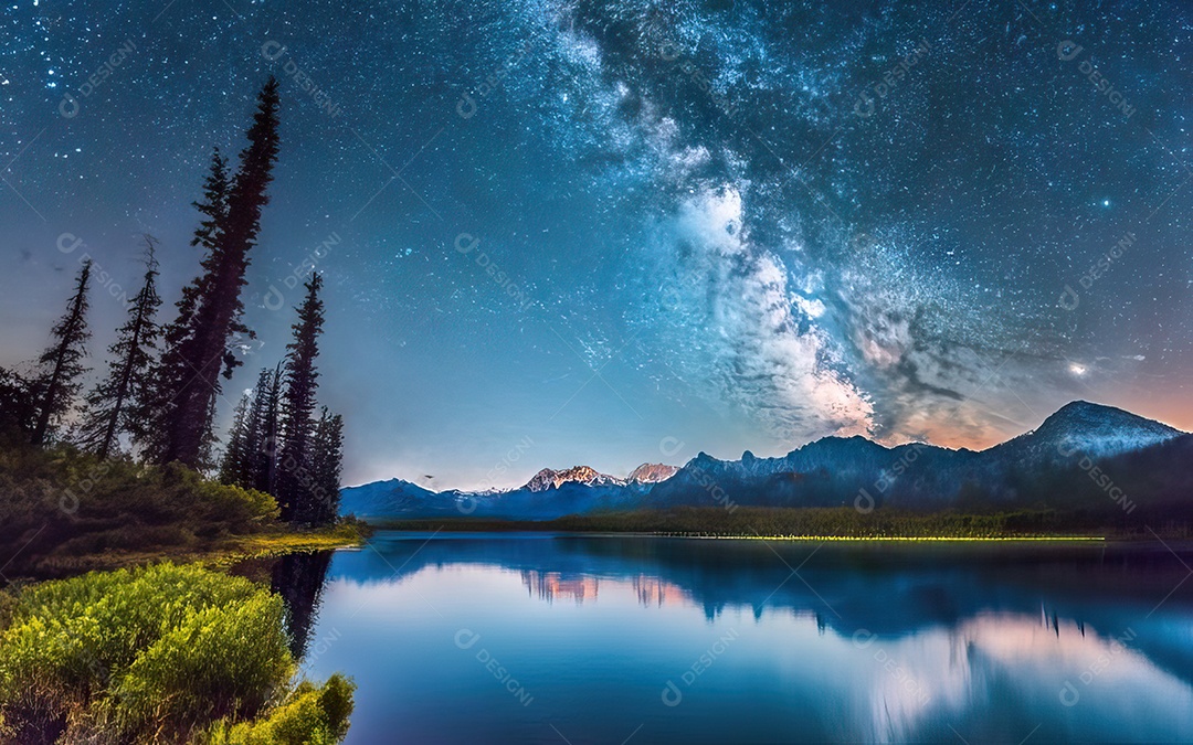 Lago à noite com céu estrelado