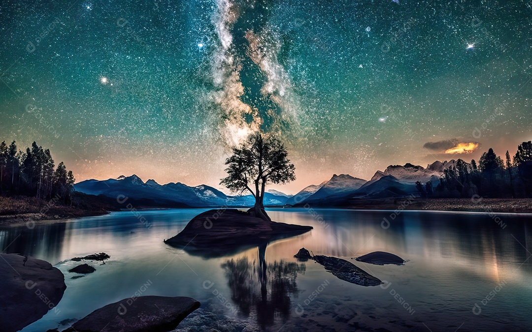 Lago à noite com céu estrelado