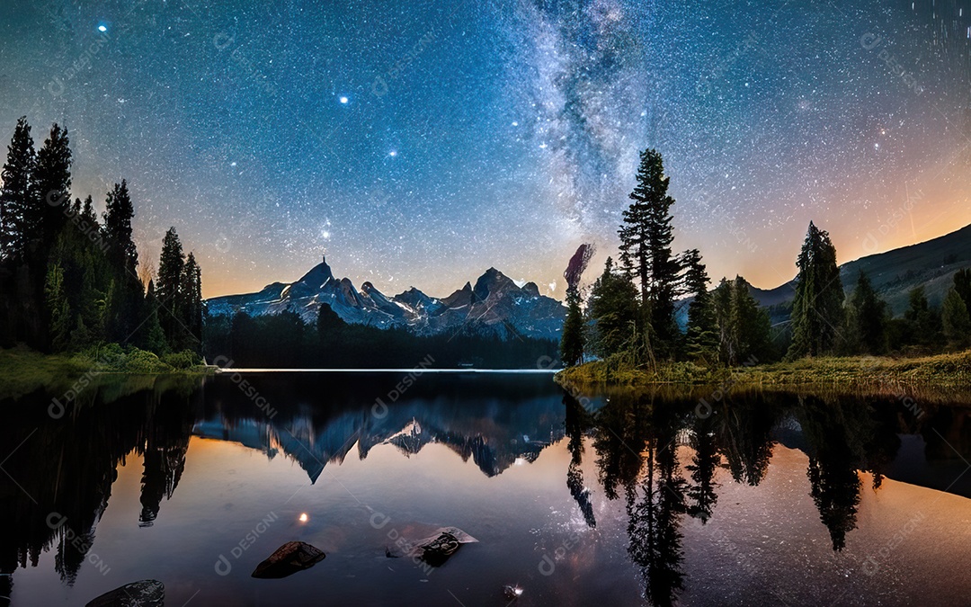 Lago à noite com céu estrelado