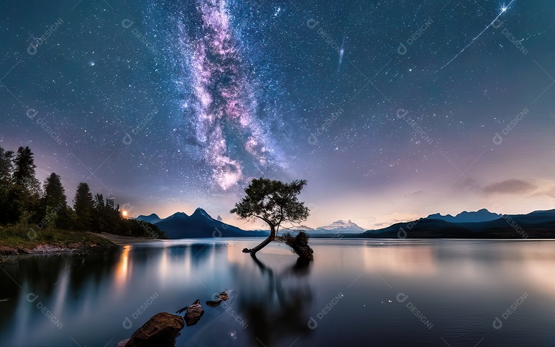 Lago à noite com céu estrelado