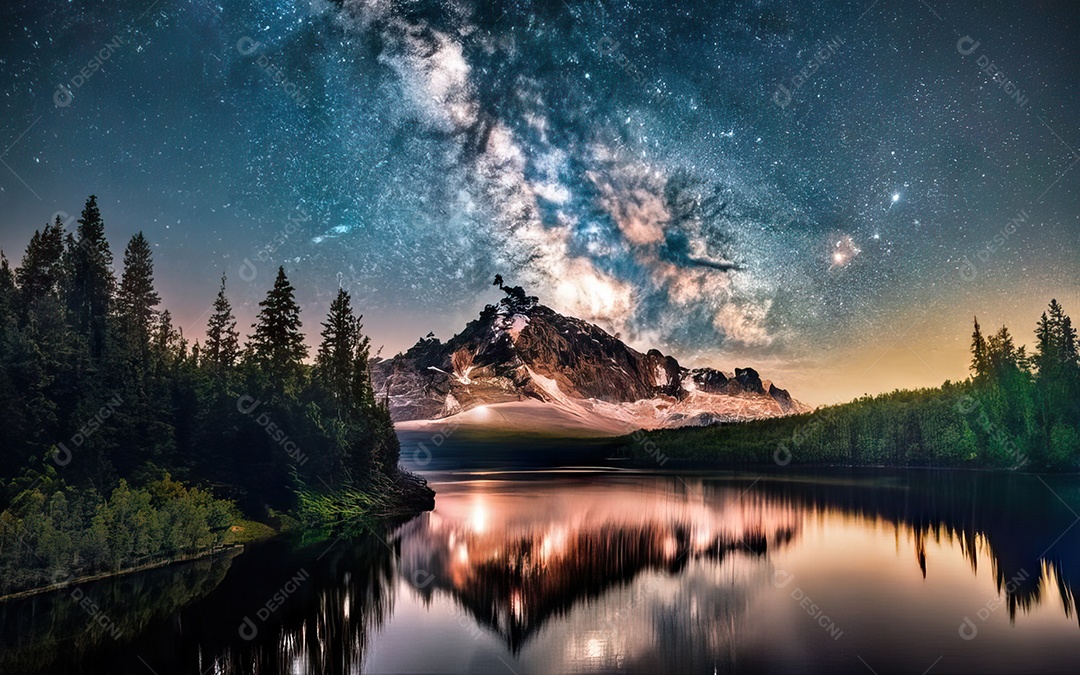 Lago à noite com céu estrelado