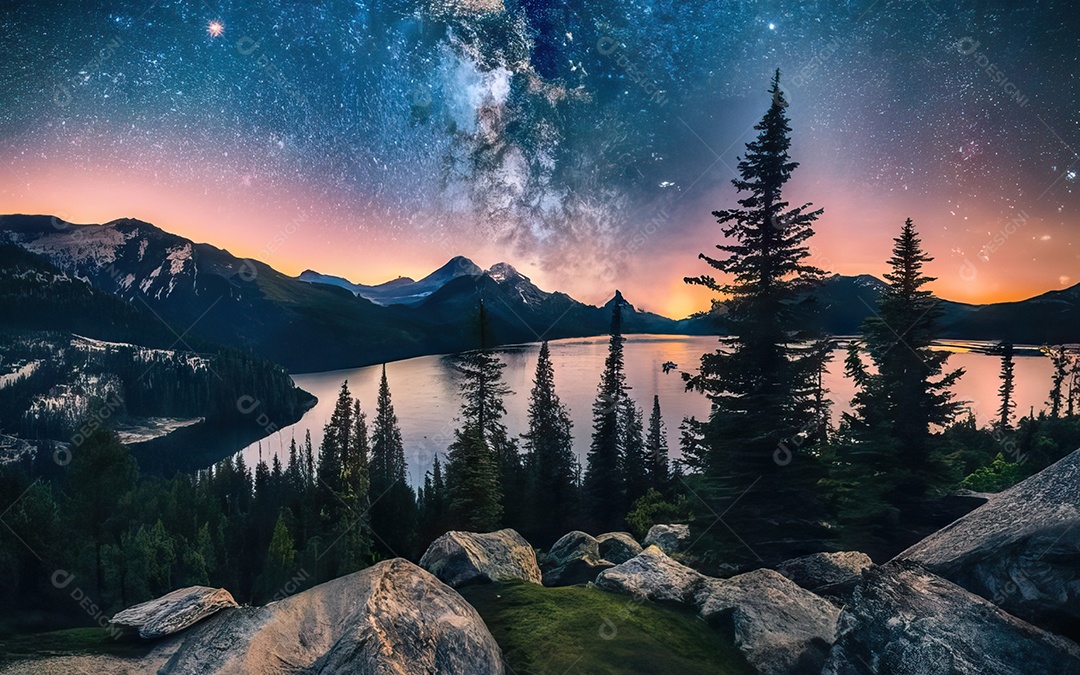 Lago à noite com céu estrelado