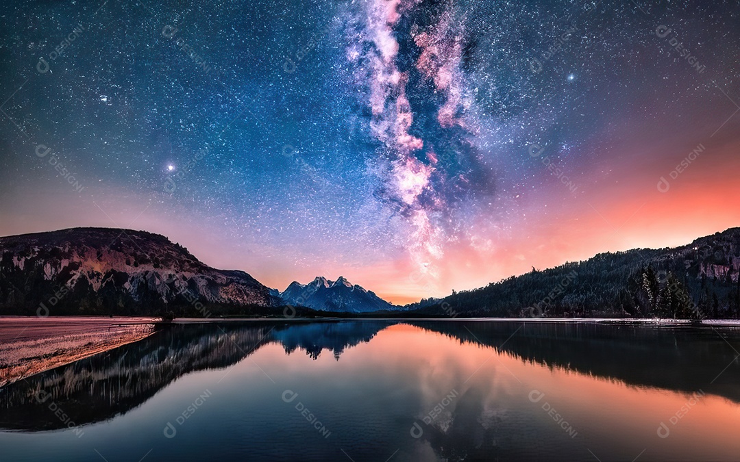 Lago à noite com céu estrelado