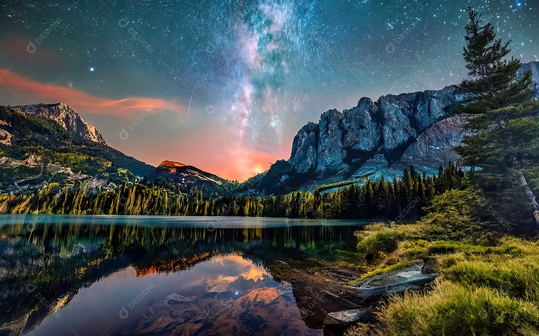 Lago à noite com céu estrelado