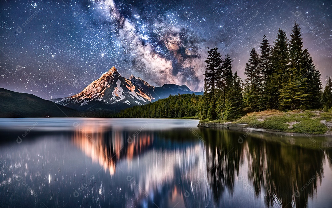 Lago à noite com céu estrelado