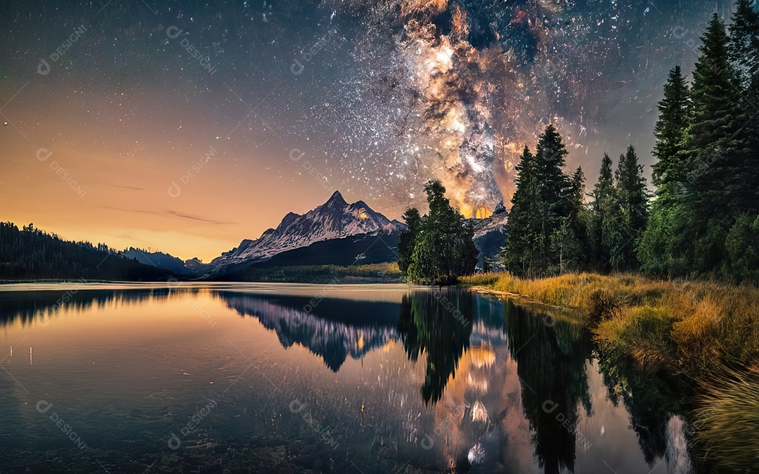 Lago à noite com céu estrelado