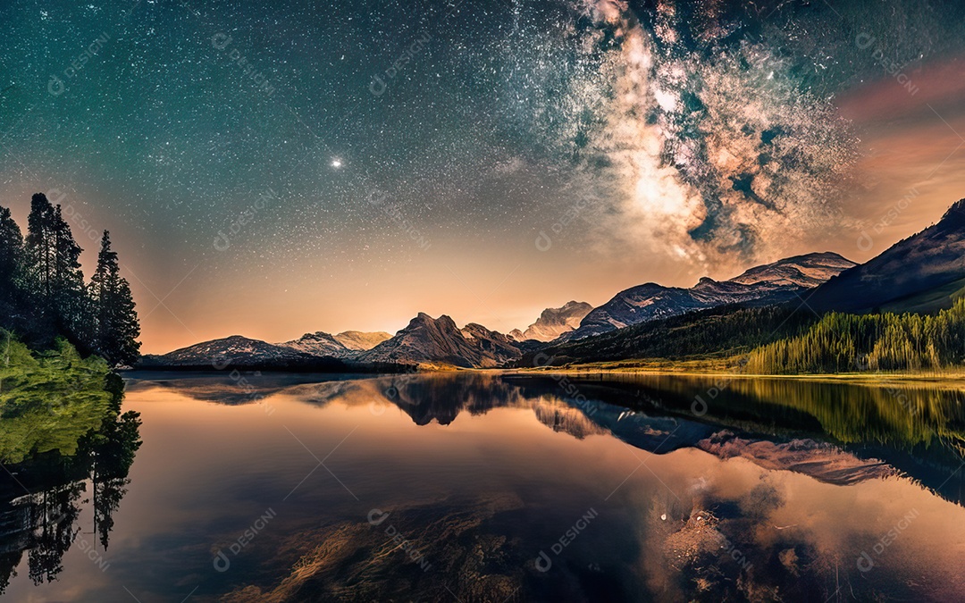 Lago à noite com céu estrelado
