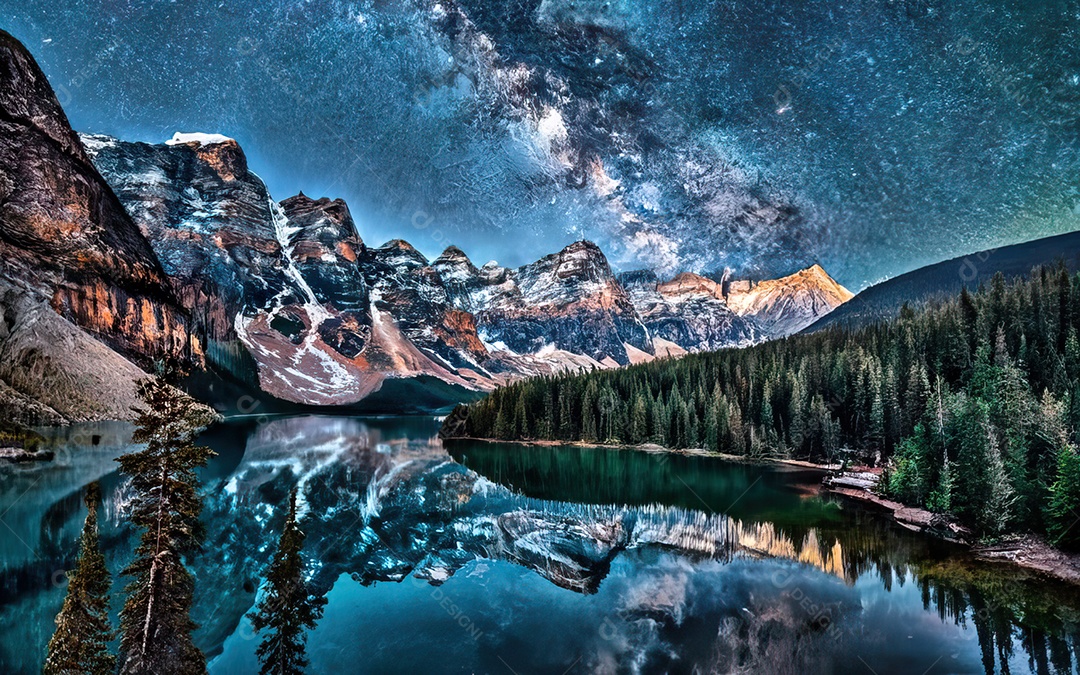 Lago à noite com céu estrelado