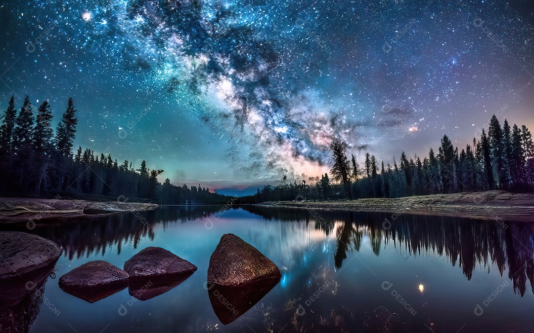 Lago à noite com céu estrelado