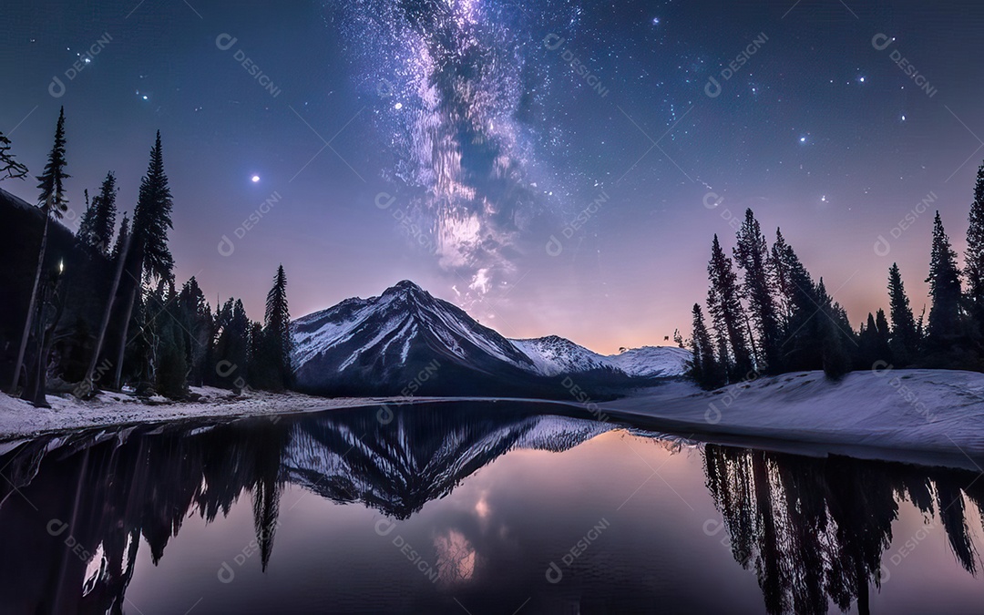 Lago à noite com céu estrelado