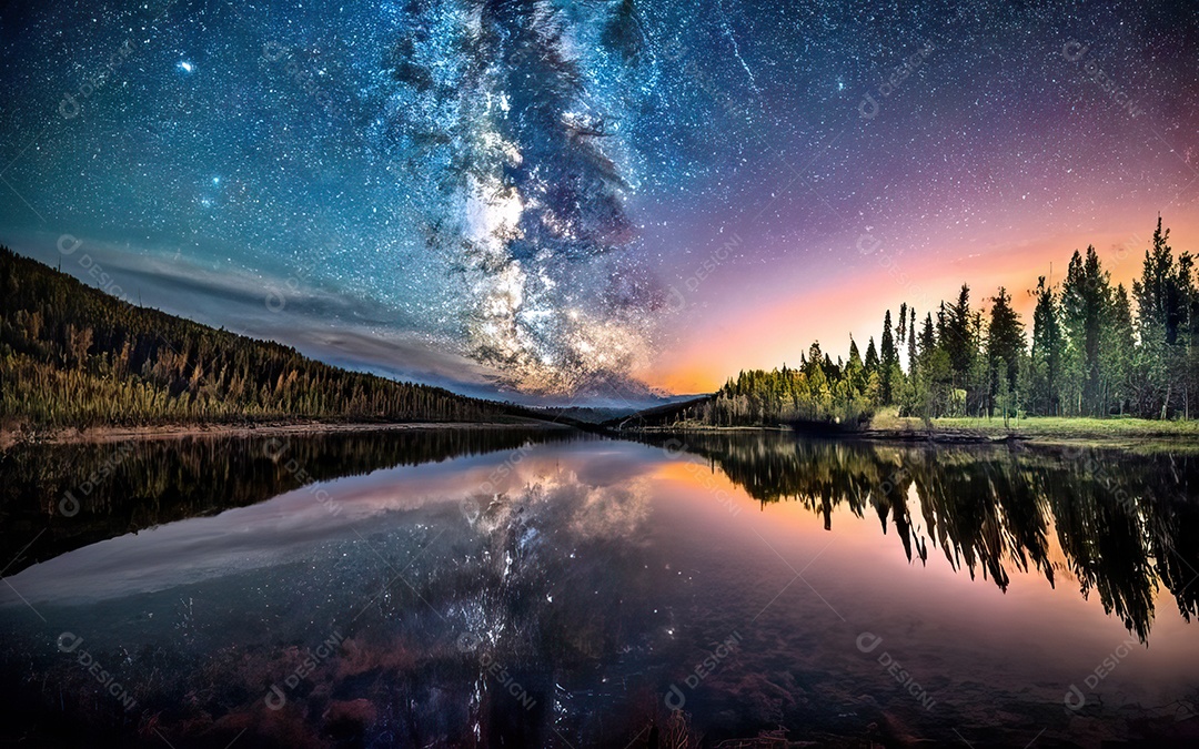 Lago à noite com céu estrelado