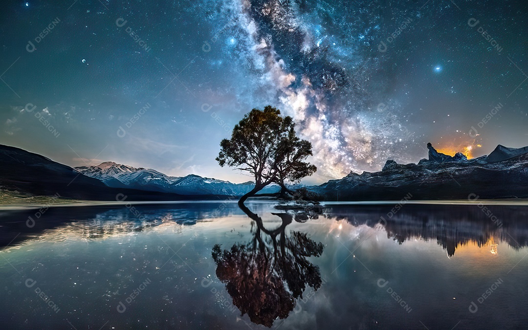 Lago à noite com céu estrelado