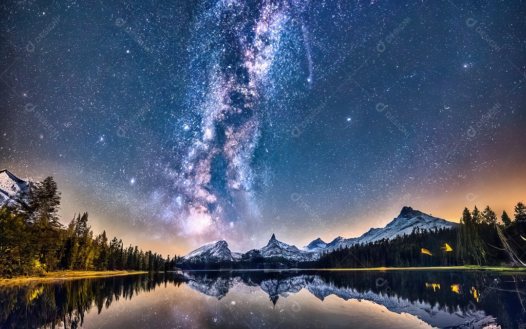 Lago à noite com céu estrelado